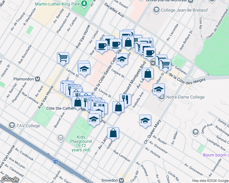 map of restaurants, bars, coffee shops, grocery stores, and more near 4555 Avenue Saint-Kevin in Montrã©Al