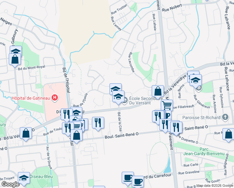 map of restaurants, bars, coffee shops, grocery stores, and more near 853 Boulevard de la Cité in Gatineau