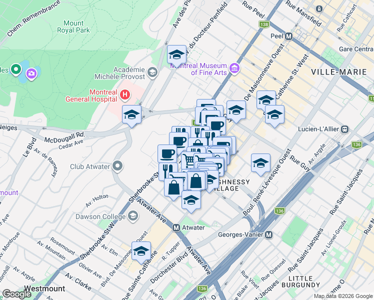 map of restaurants, bars, coffee shops, grocery stores, and more near 1950 Rue Sherbrooke Ouest in Montréal