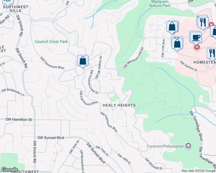 map of restaurants, bars, coffee shops, grocery stores, and more near 4059 Southwest Patrick Place in Portland