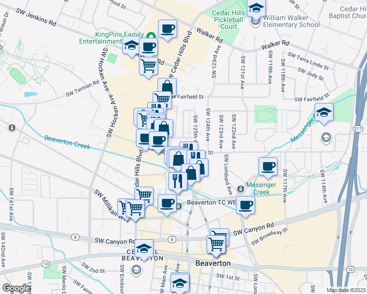 map of restaurants, bars, coffee shops, grocery stores, and more near 12570 Southwest Center Street in Beaverton
