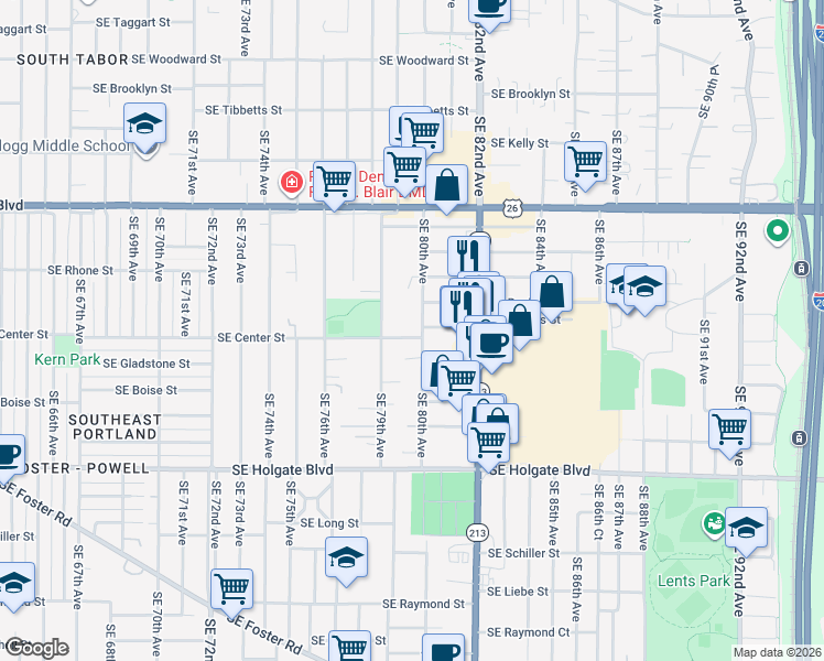 map of restaurants, bars, coffee shops, grocery stores, and more near 3945 Southeast 80th Place in Portland
