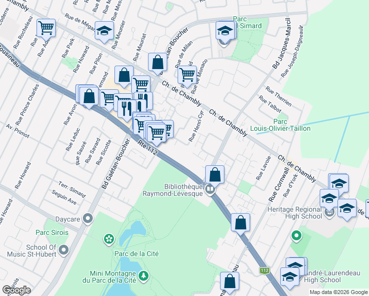 map of restaurants, bars, coffee shops, grocery stores, and more near 2151 Rue Henri-Cyr in Longueuil