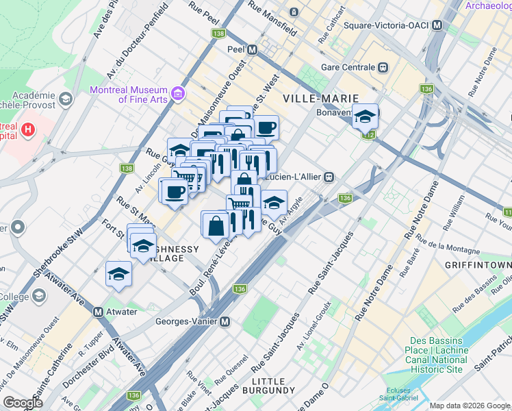 map of restaurants, bars, coffee shops, grocery stores, and more near 1500 Boulevard René-Lévesque Ouest in Montréal