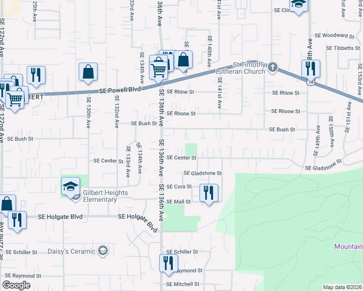 map of restaurants, bars, coffee shops, grocery stores, and more near 13725 Southeast Center Street in Portland