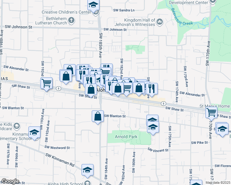 map of restaurants, bars, coffee shops, grocery stores, and more near 18240 Oregon 8 in Aloha