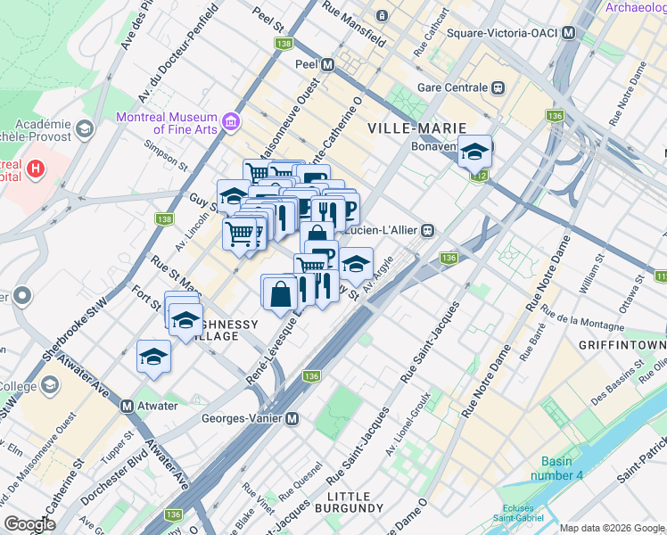 map of restaurants, bars, coffee shops, grocery stores, and more near 1500 Boulevard René-Lévesque Ouest in Montréal