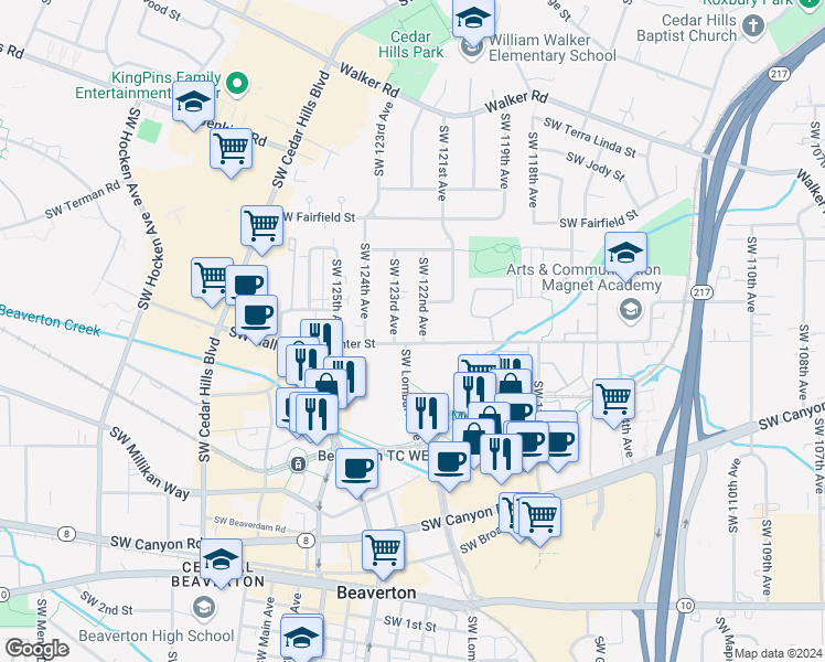 map of restaurants, bars, coffee shops, grocery stores, and more near 3525 Southwest 122nd Avenue in Beaverton