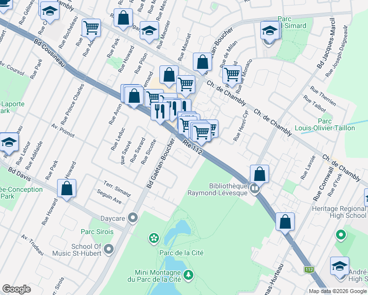 map of restaurants, bars, coffee shops, grocery stores, and more near 5925 Rue de La Tourbière in Longueuil