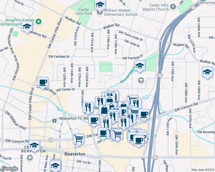 map of restaurants, bars, coffee shops, grocery stores, and more near 11835 Southwest Center Street in Beaverton