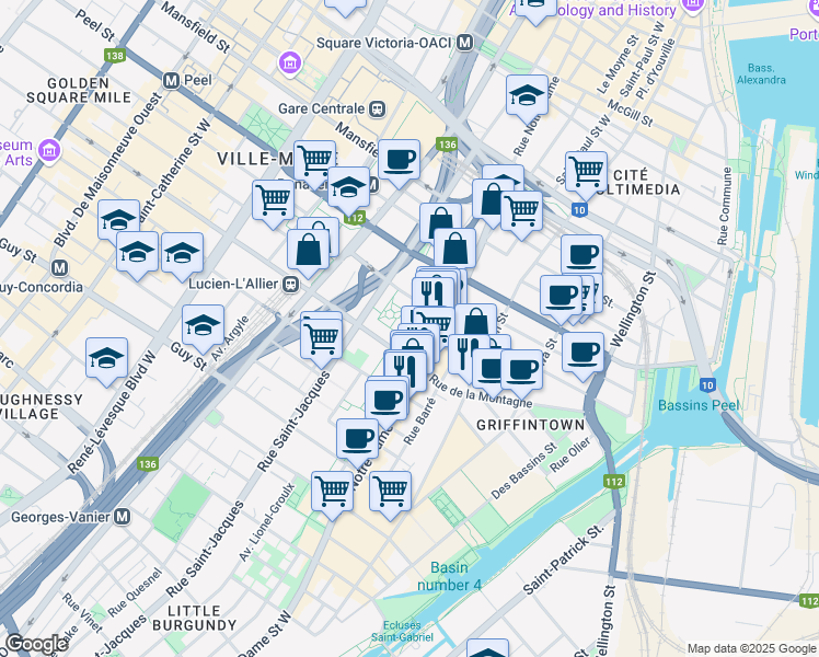 map of restaurants, bars, coffee shops, grocery stores, and more near 571 Rue de la Montagne in Montréal