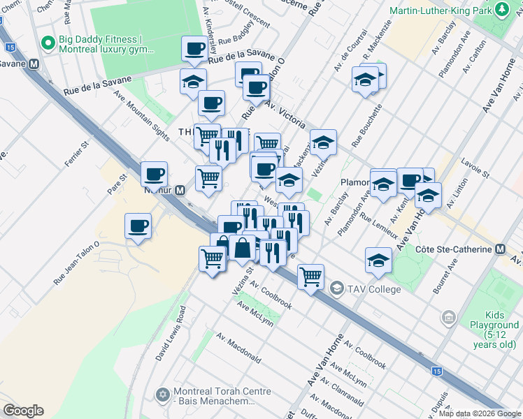 map of restaurants, bars, coffee shops, grocery stores, and more near 5175 Rue Mackenzie in Montrã©Al