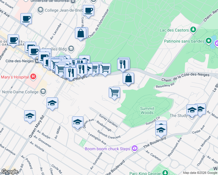 map of restaurants, bars, coffee shops, grocery stores, and more near 3445 Avenue Ridgewood in Montréal