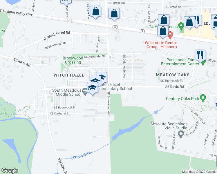 map of restaurants, bars, coffee shops, grocery stores, and more near 5389 Southeast Davis Road in Hillsboro