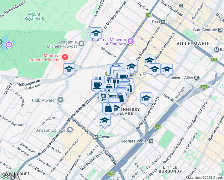 map of restaurants, bars, coffee shops, grocery stores, and more near 2125 Rue Saint Marc in Montreal