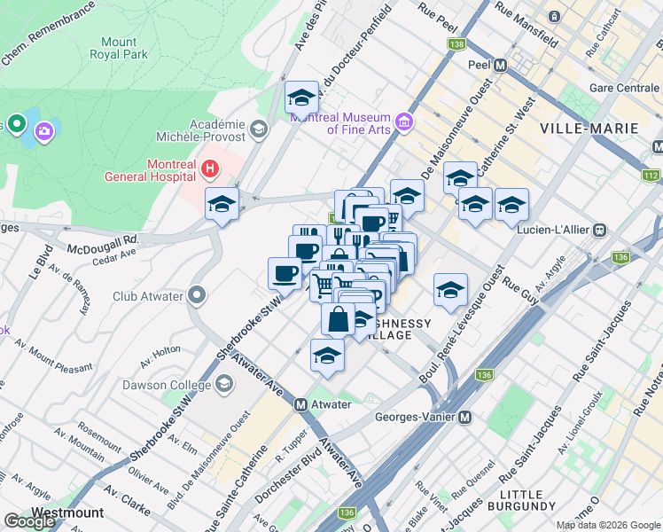map of restaurants, bars, coffee shops, grocery stores, and more near 1955 Avenue Lincoln in Montréal