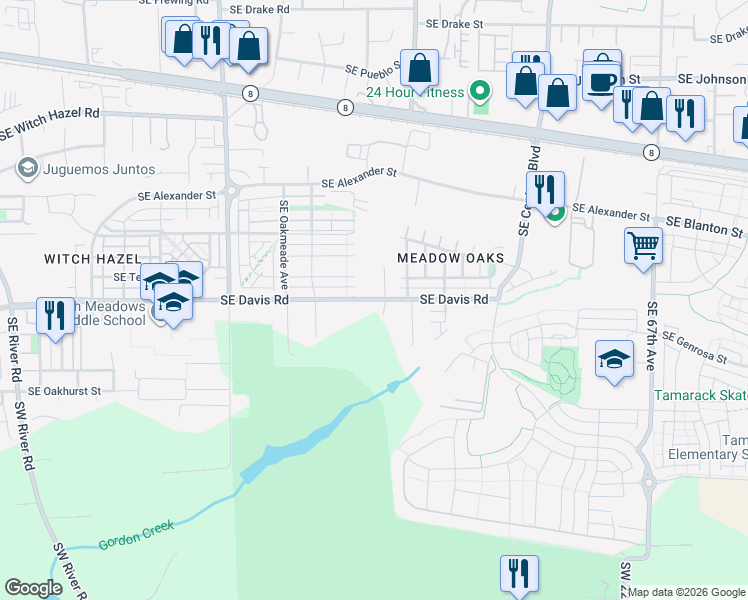 map of restaurants, bars, coffee shops, grocery stores, and more near 5396 Southeast Thornapple Street in Hillsboro
