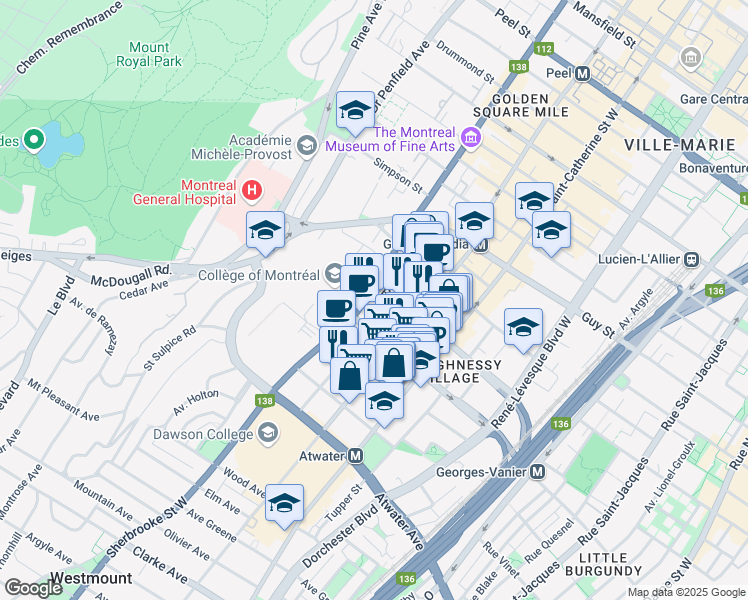 map of restaurants, bars, coffee shops, grocery stores, and more near 1950 Rue Sherbrooke Ouest in Montréal
