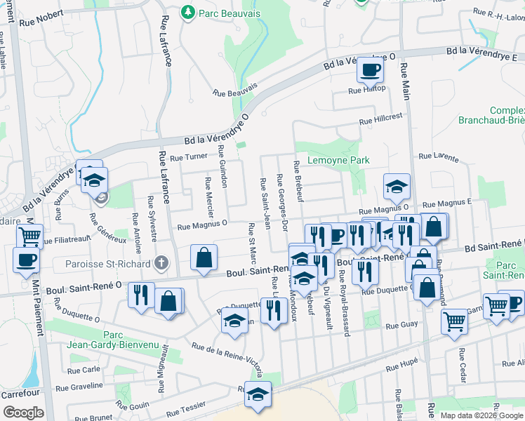 map of restaurants, bars, coffee shops, grocery stores, and more near 467 Rue Saint-Jean in Gatineau