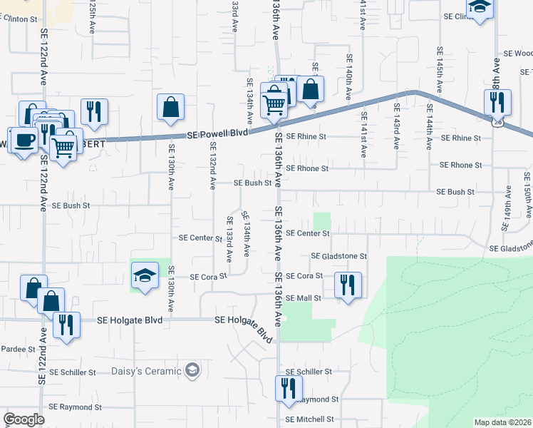 map of restaurants, bars, coffee shops, grocery stores, and more near 3883 Southeast 136th Avenue in Portland