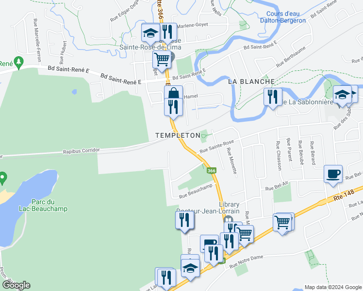 map of restaurants, bars, coffee shops, grocery stores, and more near 97 Boulevard Lorrain in Gatineau