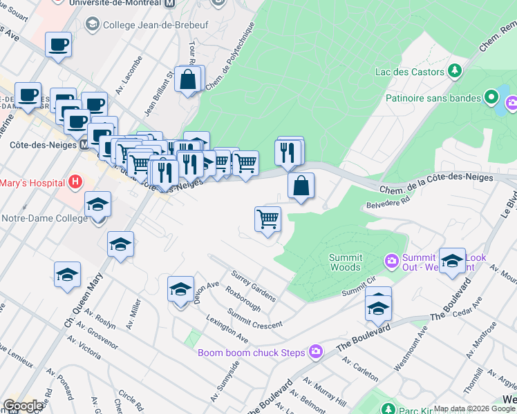 map of restaurants, bars, coffee shops, grocery stores, and more near 3445 Ridgewood Avenue in Montrã©Al