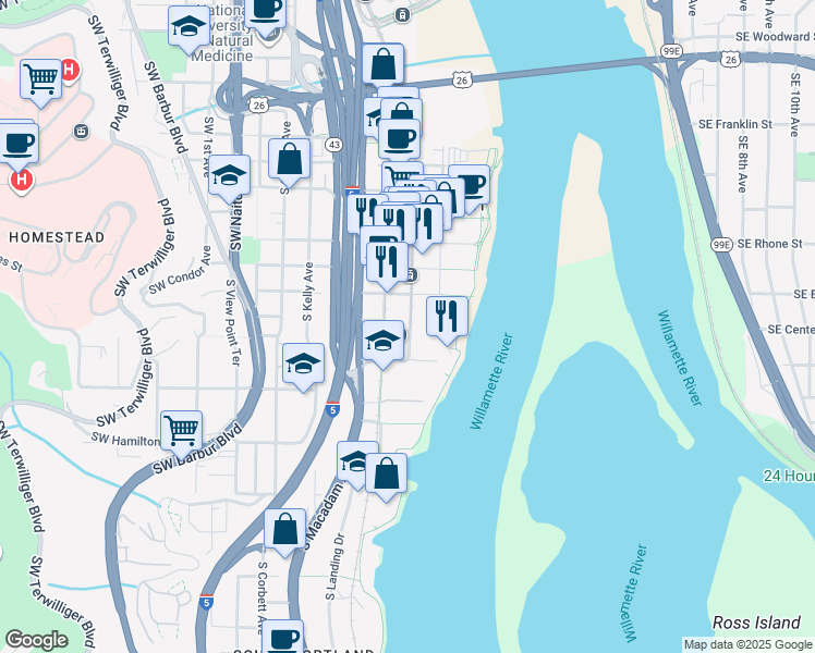 map of restaurants, bars, coffee shops, grocery stores, and more near 0677 South Lowell Street in Portland
