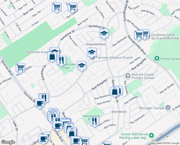 map of restaurants, bars, coffee shops, grocery stores, and more near 101 Rue Angora in Dollard-des-Ormeaux