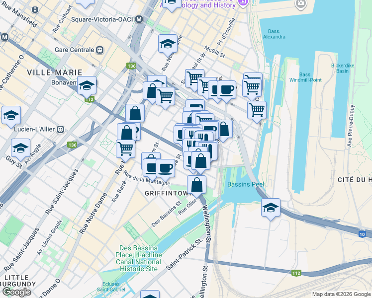 map of restaurants, bars, coffee shops, grocery stores, and more near 235 Rue Peel in Montréal
