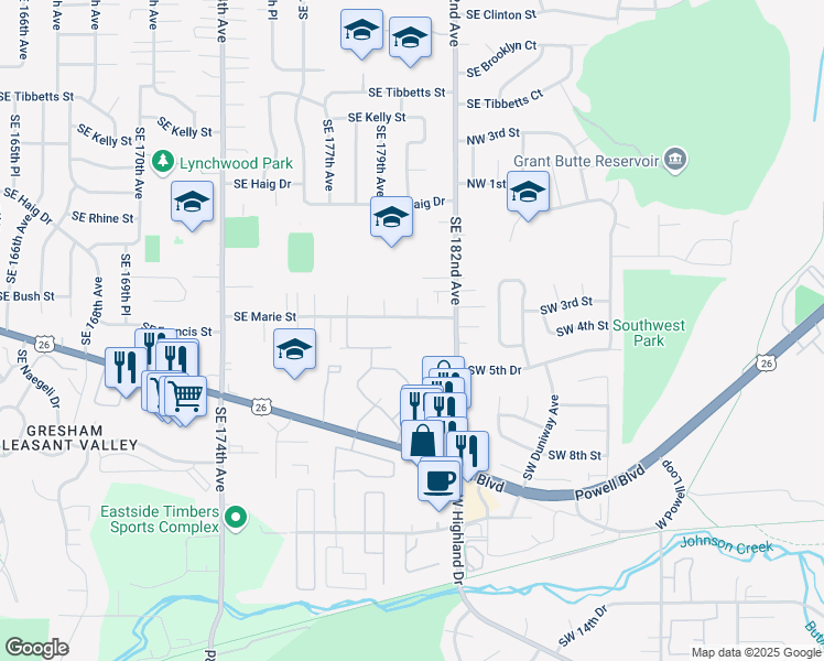 map of restaurants, bars, coffee shops, grocery stores, and more near 4515 Powell Boulevard in Gresham