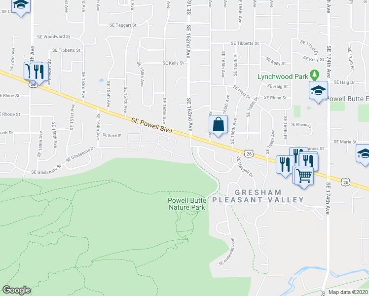 map of restaurants, bars, coffee shops, grocery stores, and more near 16134 Southeast Powell Boulevard in Portland