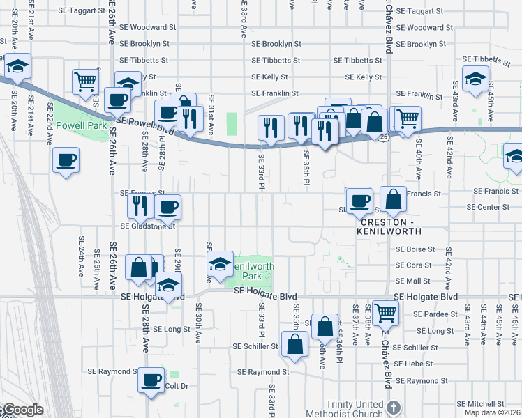 map of restaurants, bars, coffee shops, grocery stores, and more near in Portland