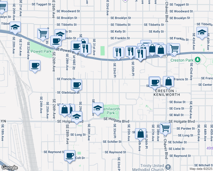 map of restaurants, bars, coffee shops, grocery stores, and more near in Portland