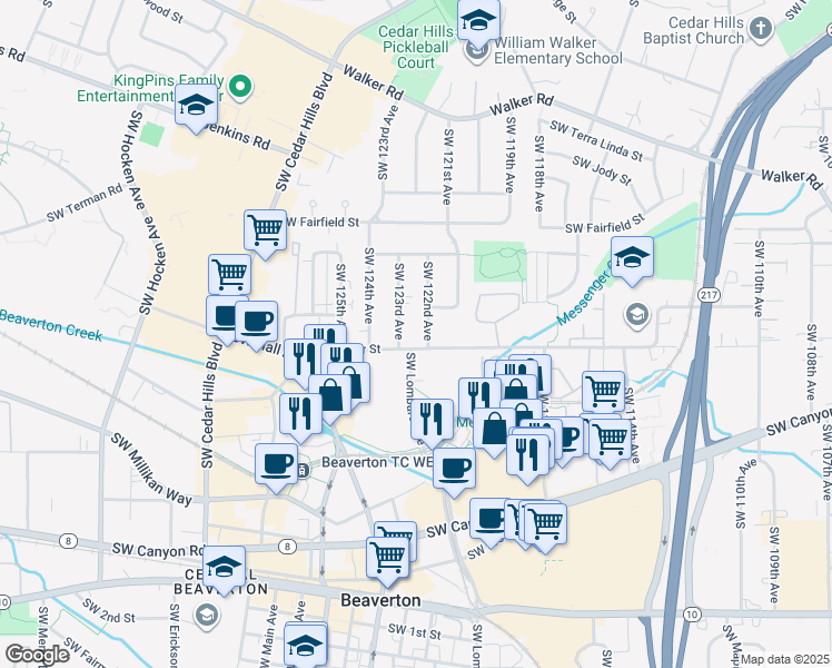 map of restaurants, bars, coffee shops, grocery stores, and more near 12270 Southwest Center Street in Beaverton