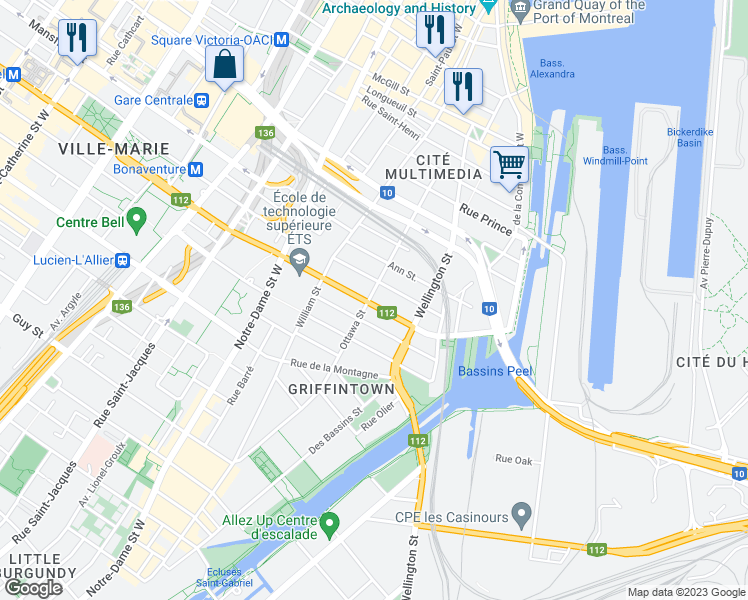 map of restaurants, bars, coffee shops, grocery stores, and more near 235 Peel Street in Montreal