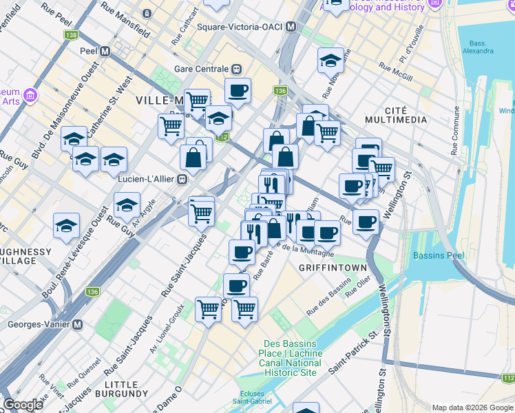 map of restaurants, bars, coffee shops, grocery stores, and more near 571 Rue de la Montagne in Montréal
