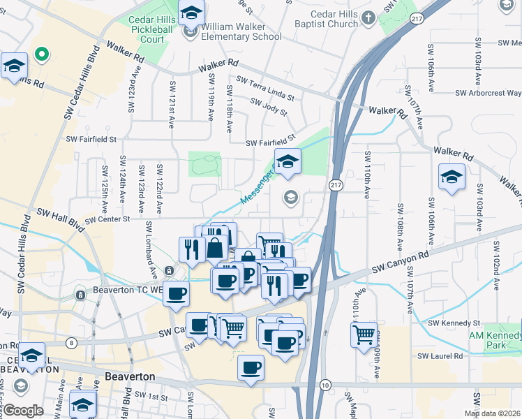 map of restaurants, bars, coffee shops, grocery stores, and more near 11590 Southwest Center Street in Beaverton