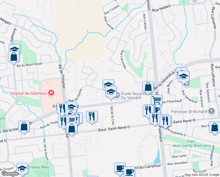 map of restaurants, bars, coffee shops, grocery stores, and more near 855 Boulevard de la Cité in Gatineau