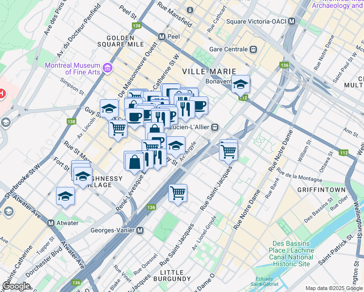 map of restaurants, bars, coffee shops, grocery stores, and more near 1456 Avenue Overdale in Montrã©Al