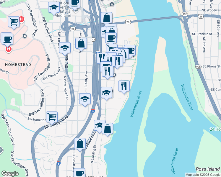 map of restaurants, bars, coffee shops, grocery stores, and more near 0677 South Lowell Street in Portland