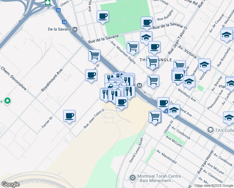 map of restaurants, bars, coffee shops, grocery stores, and more near 5405 Rue des Jockeys in Montréal