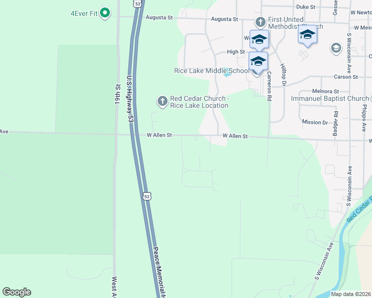 map of restaurants, bars, coffee shops, grocery stores, and more near 605 Pine Place in Rice Lake