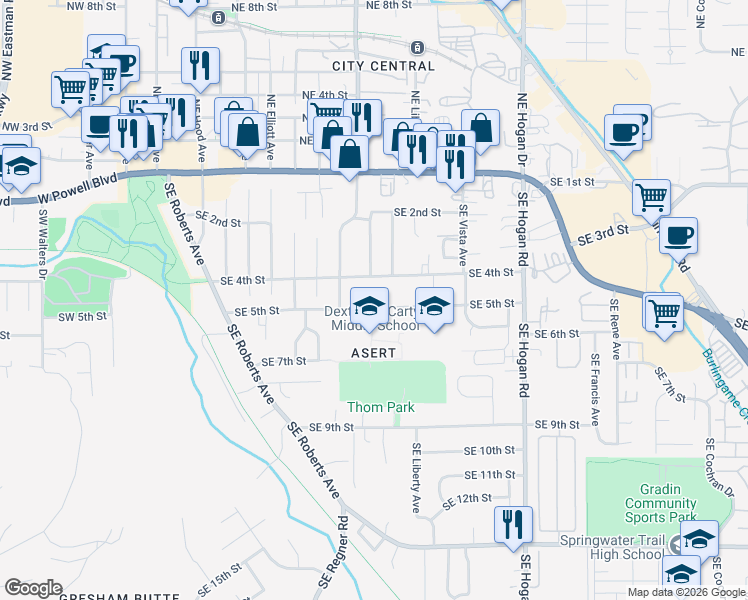 map of restaurants, bars, coffee shops, grocery stores, and more near 1115 Southeast 5th Street in Gresham
