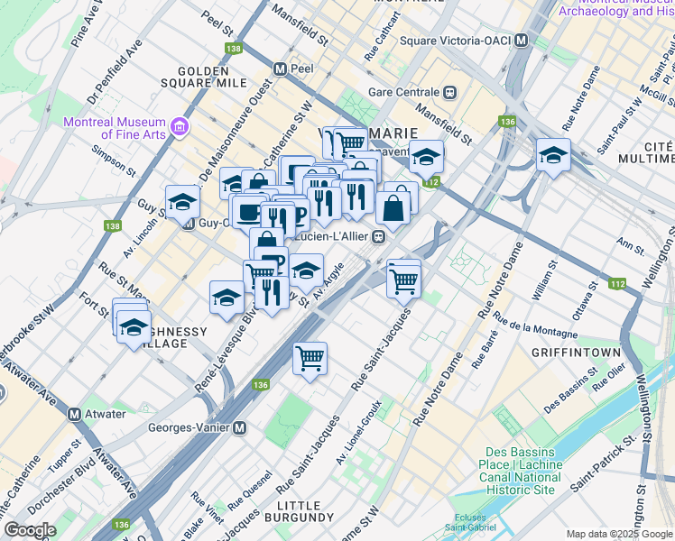 map of restaurants, bars, coffee shops, grocery stores, and more near 1417 Avenue Argyle in Montreal