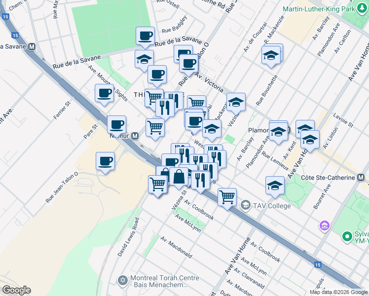 map of restaurants, bars, coffee shops, grocery stores, and more near 5179 Avenue de Courtrai in Montréal