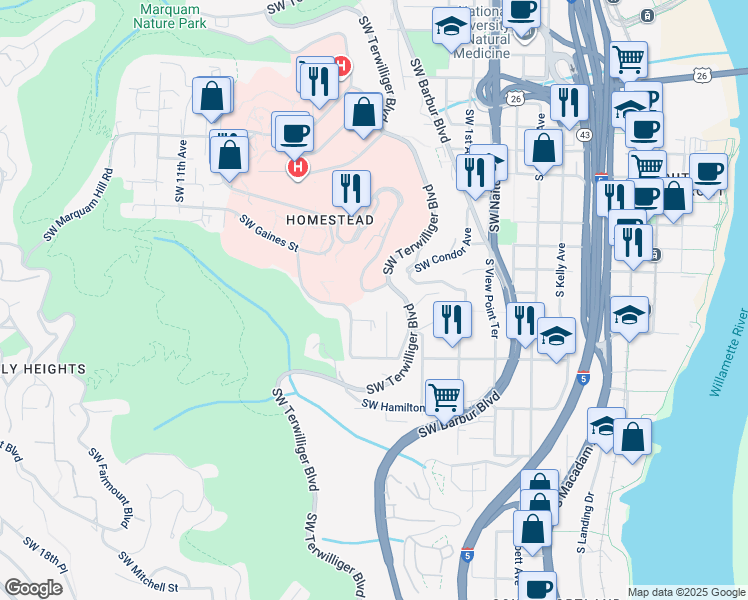 map of restaurants, bars, coffee shops, grocery stores, and more near 3710 Southwest US Veterans Hospital Road in Portland