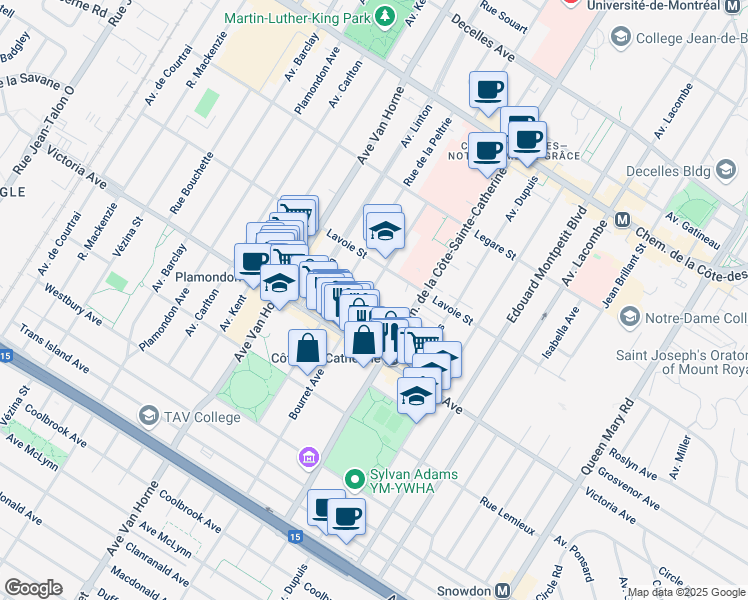 map of restaurants, bars, coffee shops, grocery stores, and more near 4650 Avenue Bourret in Montréal
