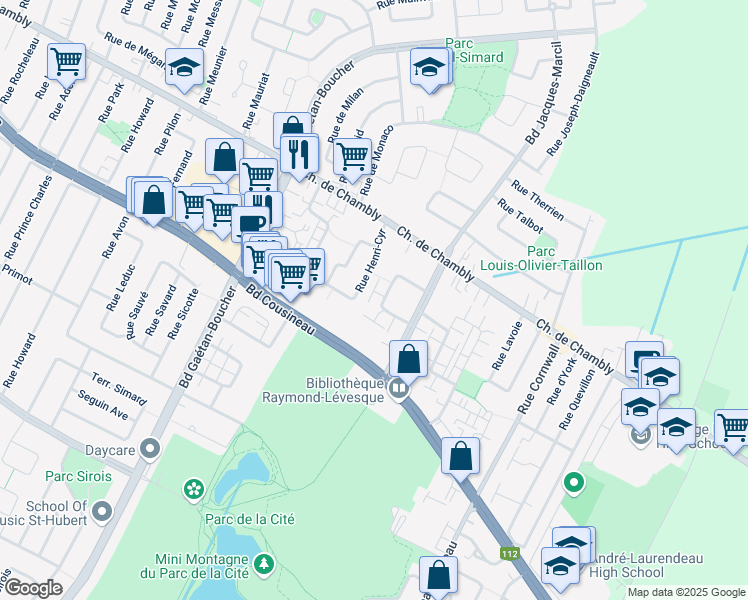 map of restaurants, bars, coffee shops, grocery stores, and more near 2400 Rue Henriette-Céré in Longueuil