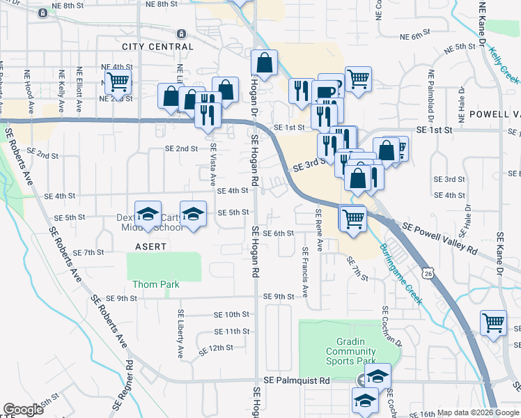 map of restaurants, bars, coffee shops, grocery stores, and more near 550 Southeast Hogan Road in Gresham