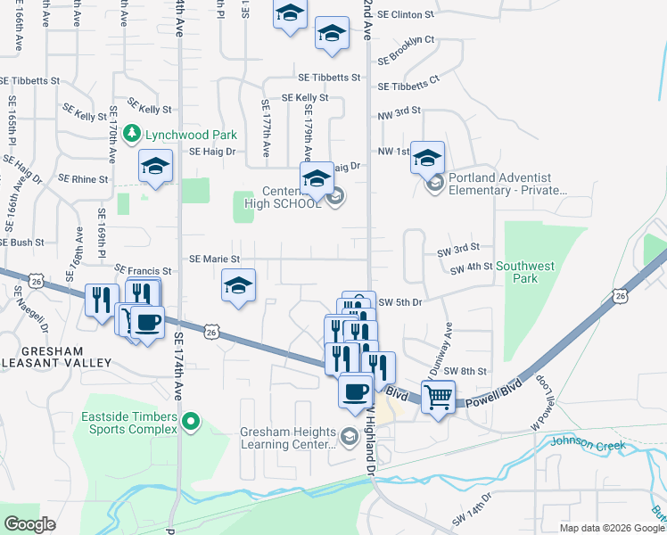 map of restaurants, bars, coffee shops, grocery stores, and more near 4515 Powell Boulevard in Gresham